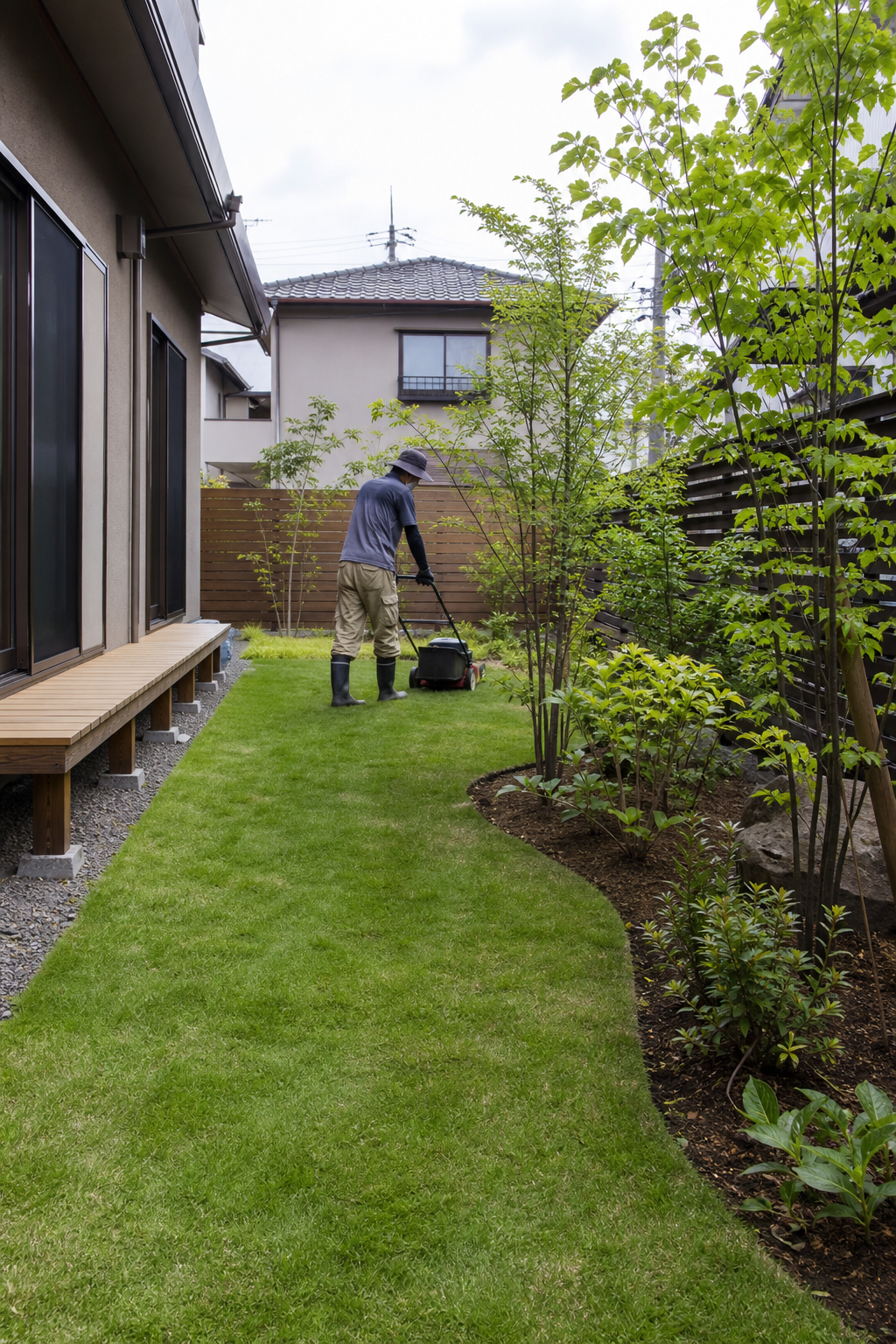 庭の芝と植栽を手入れする施工イメージ